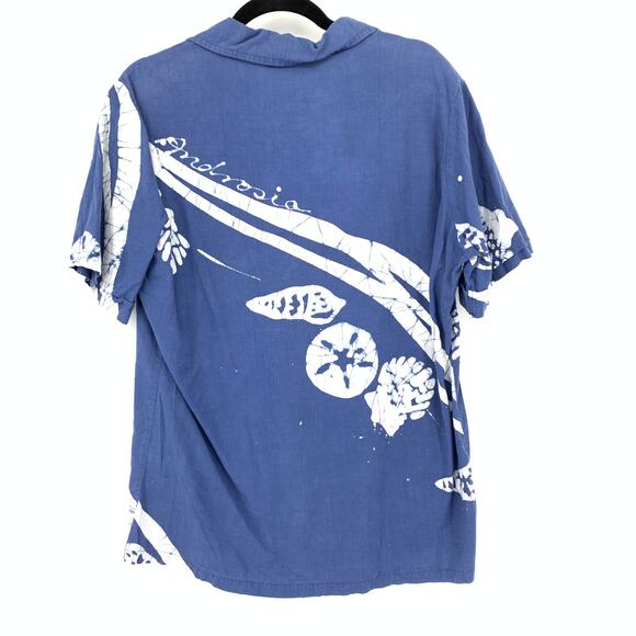 Vintage Androsia Button Down Shirt Mens Size Large Blue White Batik Print - Picture 2 of 6